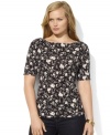 A chic boat neckline and beautiful floral print infuse Lauren Ralph Lauren's plus size classic cotton jersey tee with an elegant vintage aesthetic.