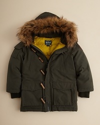 Bundle him up in this plush down-filled parka, boasting classic detailing and a cozy hood with faux fur trim. Bundle him up in this plush down-filled parka, boasting classic detailing and a cozy hood with faux fur trim.