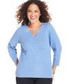 Warm up this season in Karen Scott's three-quarter-sleeve plus size sweater, finished by a henley neckline.