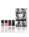 Andy Warhol believed a trademark look was essential to achieve superstar status. Certain to make its mark as a cult classic, NARS' exclusive polish set smolders in camera-ready shades from tomato soup red to scintillating silver. Gift set includes: Back Room/Black; Soup Can/Perfect red; Chelsea Girls/Innocent beige and Silver Factory/Aluminum all inside a matchbox folding carton. 