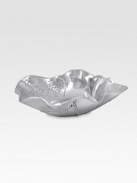 A unique server for any favorite snack that benefits from a pocketed design, handcrafted with a hammered texture in recycled aluminum. 12½W X 3H Hand wash Imported A unique server for any favorite snack that benefits from a pocketed design, handcrafted with a hammered texture in recycled aluminum. 12½W X 3H Hand wash Imported