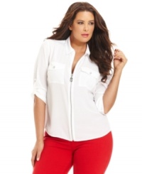 A zip front lends a modern edge to MICHAEL Michael Kors' roll-tab sleeve plus size top-- dress it up with trousers or down with denim. A zip front lends a modern edge to MICHAEL Michael Kors' roll-tab sleeve plus size top-- dress it up with trousers or down with denim.