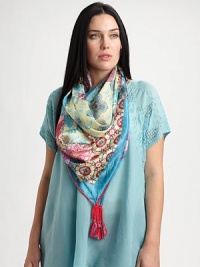 A glorious woven silk scarf with a perfectly charming print.42 X 42SilkHand washImported