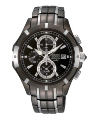 A multi-functional timepiece for the always-on-the-move gentleman, by Seiko. Black ion-plated stainless steel bracelet and round case. Black dial features silver-tone hands, applied stick indices at markers, minute track, three subdials including alarm function, date window at three o'clock, and logo. Chronograph movement. Water resistant to 100 meters. Three-year limited warranty. A multi-functional timepiece for the always-on-the-move gentleman, by Seiko. Black ion-plated stainless steel bracelet and round case. Black dial features silver-tone hands, applied stick indices at markers, minute track, three subdials including alarm function, date window at three o'clock, and logo. Chronograph movement. Water resistant to 100 meters. Three-year limited warranty.