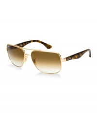 Distinguished design and timeless appeal. RB3483 has a classic metal double brow bar that sits on an oversized squared gold frame. Decorated with a Ray-Ban signature logo on each temple and lens, the adjustable nose pads provide you with a comfortable and customized fit. Lenses are brown. Distinguished design and timeless appeal. RB3483 has a classic metal double brow bar that sits on an oversized squared gold frame. Decorated with a Ray-Ban signature logo on each temple and lens, the adjustable nose pads provide you with a comfortable and customized fit. Lenses are brown.