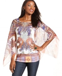 The contrast of a bold exotic print with sheer chiffon fabric is sure to make impression! Style&co.'s airy poncho comes with an accompanying camisole for a perfectly-matched look. The contrast of a bold exotic print with sheer chiffon fabric is sure to make impression! Style&co.'s airy poncho comes with an accompanying camisole for a perfectly-matched look.