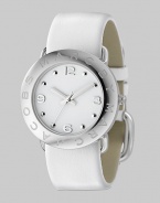 A subtly logo engraved bezel with sleek white dial and leather strap.Quartz movement Water resistant to 3 ATM Logo engraved bezel Round stainless steel case, 36mm, (1.41) White dial Arabic numeral and dot hour markers Second hand Leather strap, 22mm, (.86) Buckle closure Imported 