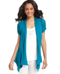 Redefining the classic layered look, a chic draped cardigan showcases an embellished inset on this two-in-one look from AGB. It's the perfect way to dress up your favorite denim for day or night. Redefining the classic layered look, a chic draped cardigan showcases an embellished inset on this two-in-one look from AGB. It's the perfect way to dress up your favorite denim for day or night.