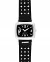 Bold and mysterious, this eye-catching watch from Nine West permeates casual chic. Crafted of black perforated leather strap and rounded square silver tone mixed metal case. Black dial with silver tone numerals at three, six, nine and twelve o'clock, applied stick incides, minute track, hour and minute hands, sweeping second hand and logo at six o'clock. Quartz movement. Limited lifetime warranty.