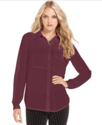 A solid panel adds a modern appeal to this sheer-chiffon Free People slouchy blouse -- a fall must-have! A solid panel adds a modern appeal to this sheer-chiffon Free People slouchy blouse -- a fall must-have!
