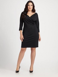 A touch of stretch ensures this seductive shift will hug your curves in all the right places. Its v-neckline and draped front are super flattering. Draped faux-wrap frontThree-quarter sleevesFully linedBack zipperAbout 25 from natural waistPolyester/spandexDry cleanImported of domestic fabric A touch of stretch ensures this seductive shift will hug your curves in all the right places. Its v-neckline and draped front are super flattering. Draped faux-wrap frontThree-quarter sleevesFully linedBack zipperAbout 25 from natural waistPolyester/spandexDry cleanImported of domestic fabric