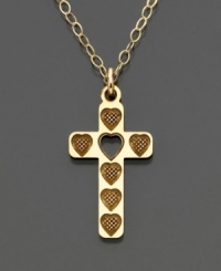 A lovely and meaningful children's gift, this heart design cross pendant is crafted of 14k gold. Chain measures 15 inches. A lovely and meaningful children's gift, this heart design cross pendant is crafted of 14k gold. Chain measures 15 inches.