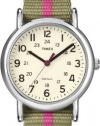 Timex Women?s T2N917 Weekender Mid-Size Slip-Thru Olive Green with Pink Stripe Nylon Strap Watch