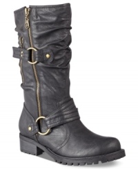 Embrace the tough girl inside with G by GUESS' Youski booties. This rugged style features ruching along the shaft and an exposed zipper. Embrace the tough girl inside with G by GUESS' Youski booties. This rugged style features ruching along the shaft and an exposed zipper.