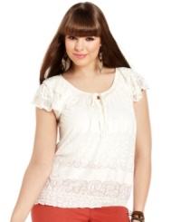 Feminine frills highlight American Rag's short sleeve plus size top-- team it with your fave jeans! Feminine frills highlight American Rag's short sleeve plus size top-- team it with your fave jeans!