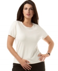 Jones New York Collection's classic plus size tee in a soft blend of silk and nylon is a great layering piece for suits and cardigans. Jones New York Collection's classic plus size tee in a soft blend of silk and nylon is a great layering piece for suits and cardigans.
