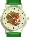 The Little Bird - from Mother Goose by Artist: Sylvia Long - WATCHBUDDY® DELUXE TWO-TONE THEME WATCH - Arabic Numbers - Green Leather Strap-Size-Women's Size-Small