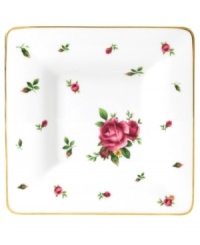 Revive a classic dinnerware pattern with the Vintage square trinket plate. Tiny buds plucked from Royal Doulton's Old Country Roses collection flower on white bone china with a brilliant gold edge.