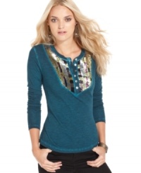 Sequins add high-shine to this otherwise simple Free People top -- perfect for daytime glam! Sequins add high-shine to this otherwise simple Free People top -- perfect for daytime glam!