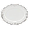 A show-stopping oval platter from Marchesa by Lenox, this Empire Pearl dinnerware wows everyone around the formal table with a bedazzling platinum pattern in fine bone china.