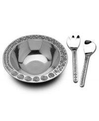 Serve with style! A pattern inspired by the popular music of Jamaica, this three-piece salad set from Armetale combines sleek metal with fun, festive design to form a bowl and salad servers that is formal enough to serve at dinner parties but casual and durable enough your everyday festivities. Serve with style! A pattern inspired by the popular music of Jamaica, this three-piece salad set from Armetale combines sleek metal with fun, festive design to form a bowl and salad servers that is formal enough to serve at dinner parties but casual and durable enough your everyday festivities.
