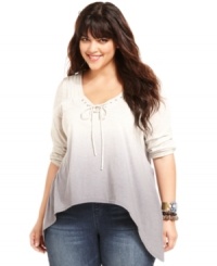 Shades of cool: American Rag's ombre plus size top, punctuated by an asymmetrical hem. Shades of cool: American Rag's ombre plus size top, punctuated by an asymmetrical hem.