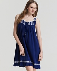 Sweet dreams start with a short sleeveless gown with lace trim and embroidered detail. Sweet dreams start with a short sleeveless gown with lace trim and embroidered detail.
