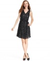 Ellen Tracy's V-neck dress features metallic lace for a sparkling touch day or night.