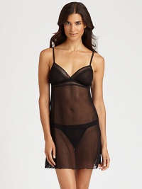 Delicate swiss-dot tulle cut in a sexy babydoll silhouette that flatters every curve.Spaghetti strapsV-neckEmpire waist95% nylon/3% elastane/2% cottonHand washMade in Italy Delicate swiss-dot tulle cut in a sexy babydoll silhouette that flatters every curve.Spaghetti strapsV-neckEmpire waist95% nylon/3% elastane/2% cottonHand washMade in Italy