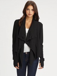 THE LOOKDraped open-frontRibbed necklineLong sleeves with ribbed cuffsThumb holesAsymmetrical hemTHE FITAbout 27 from shoulder to longest point of hemTHE MATERIALCashmereCARE & ORIGINDry cleanImported THE LOOKDraped open-frontRibbed necklineLong sleeves with ribbed cuffsThumb holesAsymmetrical hemTHE FITAbout 27 from shoulder to longest point of hemTHE MATERIALCashmereCARE & ORIGINDry cleanImported