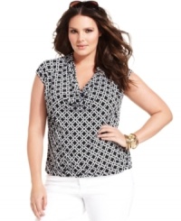Refresh your casual wear this season with MICHAEL Michael Kors' cap sleeve plus size top, featuring a geometric print and draped neckline-- it's an Everyday Value! Refresh your casual wear this season with MICHAEL Michael Kors' cap sleeve plus size top, featuring a geometric print and draped neckline-- it's an Everyday Value!