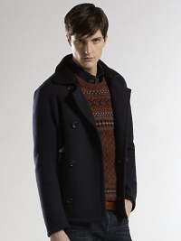 Double-breasted sportcoat with heritage-inspired style, accented with a detachable knit collar.Button-frontSide slash pocketsAbout 28 from shoulder to hem95% wool/5% polyamideDry cleanMade in Italy Double-breasted sportcoat with heritage-inspired style, accented with a detachable knit collar.Button-frontSide slash pocketsAbout 28 from shoulder to hem95% wool/5% polyamideDry cleanMade in Italy