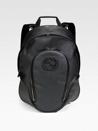 Interlocking G detail backpack in Black Plus fabric with leather trim. Zip closure Front zip pocket Adjustable nylon straps 13½W X 19¼H X 6D Made in Italy Interlocking G detail backpack in Black Plus fabric with leather trim. Zip closure Front zip pocket Adjustable nylon straps 13½W X 19¼H X 6D Made in Italy