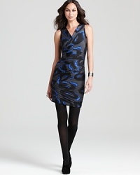 Dramatic ruching accentuates a bold abstract print for a Halston Heritage dress steeped in modern edge. Slip a structured leather jacket over the sleek silhouette for the perfect style mix. Dramatic ruching accentuates a bold abstract print for a Halston Heritage dress steeped in modern edge. Slip a structured leather jacket over the sleek silhouette for the perfect style mix.