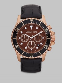 Crafted with precision and perfection, in brushed rose gold tone stainless steel with genuine, croc-embossed leather strap.Chronograph movementRound bezelWater resistant to 10ATMDate display at 5 o'clock Second handStainless steel case: 45mm(1.77)Leather braceletImported Crafted with precision and perfection, in brushed rose gold tone stainless steel with genuine, croc-embossed leather strap.Chronograph movementRound bezelWater resistant to 10ATMDate display at 5 o'clock Second handStainless steel case: 45mm(1.77)Leather braceletImported