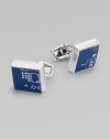 These cufflinks are uniquely crafted from recycled electronic printed circuit boards with highly polished outer case and signature diamond pattern.Rhodium-plated metalAbout ½ diamMade in the United Kingdom