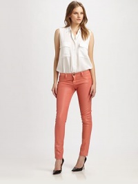 Reversible, leather-like design with skinny-leg construction and five-pocket styling. To maintain this waxy look, freeze cleaning is recommended. Button closureZip flyFive-pocket stylingRise, 8Inseam, about 3095% cotton/3% spandex/2% elasterellFreeze cleanMade in USA of imported fabricModel shown is 5'10 (177cm) wearing US size 4. To freeze clean: Spot clean stains and air dry. Fold lengthwise and place in zip lock bag. Reversible, leather-like design with skinny-leg construction and five-pocket styling. To maintain this waxy look, freeze cleaning is recommended. Button closureZip flyFive-pocket stylingRise, 8Inseam, about 3095% cotton/3% spandex/2% elasterellFreeze cleanMade in USA of imported fabricModel shown is 5'10 (177cm) wearing US size 4. To freeze clean: Spot clean stains and air dry. Fold lengthwise and place in zip lock bag.