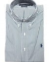 Ralph Lauren Mens The Classics Button-down Dress Shirt in White with Green and Navy Blue Stripes; Navy Blue Pony (CUSTOM FIT)