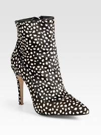 Finished with an abstract polka-dot print and exposed side zipper, this calf hair ankle boot has a substantial heel and point toe. Self-covered heel, 4 (100mm)Printed calf hair upperSide zipperLeather lining and solePadded insoleImportedOUR FIT MODEL RECOMMENDS ordering one half size up as this style runs small. Finished with an abstract polka-dot print and exposed side zipper, this calf hair ankle boot has a substantial heel and point toe. Self-covered heel, 4 (100mm)Printed calf hair upperSide zipperLeather lining and solePadded insoleImportedOUR FIT MODEL RECOMMENDS ordering one half size up as this style runs small.