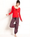 Lacy solids and pretty prints, what could be better? Material Girl's red henley top and plaid pajama pants.