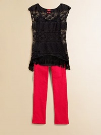 This layered-look top is extra fancy with a lace overlay and fringe hem for added glitz and glam.ScoopneckShort sleevesPullover styleShort in front and long in back72% cotton/28% nylonHand washImported This layered-look top is extra fancy with a lace overlay and fringe hem for added glitz and glam.ScoopneckShort sleevesPullover styleShort in front and long in back72% cotton/28% nylonHand washImported