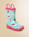 She'll love stomping in puddles when she pulls on these adorable rubber boots with a soft jersey lining, colorful cupcakes and handles for easy on and off.Rubber upperCotton liningRubber soleImported