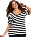 Look stunning in stripes with INC's short sleeve plus size top-- team it with your go-to casual bottoms!