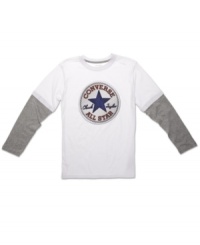 Let your All Star shine in this layered-look logo tee from Converse. Let your All Star shine in this layered-look logo tee from Converse.