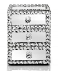 More than earrings and necklaces will sparkle with Leeber's fabulous Mirrored jewelry box, featuring reflective glass trimmed with faceted beads. Three drawers keep all your trinkets in top-notch shape. More than earrings and necklaces will sparkle with Leeber's fabulous Mirrored jewelry box, featuring reflective glass trimmed with faceted beads. Three drawers keep all your trinkets in top-notch shape.