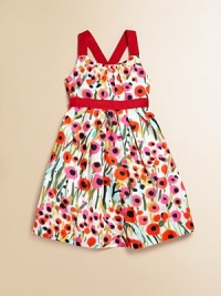 In cotton sateen with a painterly floral pattern and adorable grosgrain trim, this cross-back party dress is a must-have for stylish little ones.Spaghetti straps, cross at backGathered necklineConcealed back-zip closureGathered waist with grosgrain trimHem falls above kneeCottonDry cleanMade in USA of Italian fabrics In cotton sateen with a painterly floral pattern and adorable grosgrain trim, this cross-back party dress is a must-have for stylish little ones.Spaghetti straps, cross at backGathered necklineConcealed back-zip closureGathered waist with grosgrain trimHem falls above kneeCottonDry cleanMade in USA of Italian fabrics
