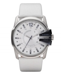 Unexpected details give a futuristic edge to this white-out watch by Diesel. White leather strap and round stainless steel case, 49x45mm, with blue ion-plated crown protector featuring logo. White sunray dial features applied blue and gray numerals and stick indices and luminous hands. Quartz movement. Water resistant to 100 meters. Two-year limited warranty. Unexpected details give a futuristic edge to this white-out watch by Diesel. White leather strap and round stainless steel case, 49x45mm, with blue ion-plated crown protector featuring logo. White sunray dial features applied blue and gray numerals and stick indices and luminous hands. Quartz movement. Water resistant to 100 meters. Two-year limited warranty.