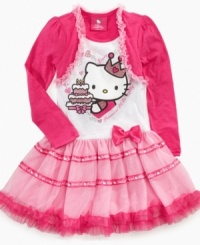 Make the birthday girl feel extra special in this shrug and tutu dress from Hello Kitty, with a sweet crown kitty graphic on front, exclusive to Macy's! Make the birthday girl feel extra special in this shrug and tutu dress from Hello Kitty, with a sweet crown kitty graphic on front, exclusive to Macy's!