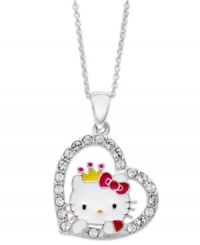 Fall in love with this fun pendant necklace from Hello Kitty. Round crystals along the outside of the heart provide a lustrous touch. Approximate length: 18 inches. Approximate drop: 1 inch. Fall in love with this fun pendant necklace from Hello Kitty. Round crystals along the outside of the heart provide a lustrous touch. Approximate length: 18 inches. Approximate drop: 1 inch.