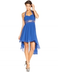You won't be tardy for the party dressed in this high-low halter dress from City Studios! The soft pleating and beaded accents are so chic, you'll want to get to the event early to impress! You won't be tardy for the party dressed in this high-low halter dress from City Studios! The soft pleating and beaded accents are so chic, you'll want to get to the event early to impress!